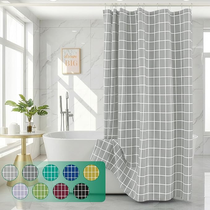 Fabric Farmhouse Shower Curtain-Extra Long Cloth Shower Curtains Bathroom | 72"Wx84"L Silver Grey Faux Linen Grid Minimalist Simple Rustic Neutral Shower Curtain-Geometric Plaid Washable Hotel Quality