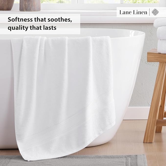 LANE LINEN Bath Towel Set 100% Cotton 3 Piece Soft Absorbent - White | Oeko-Tex Bath Towels - Zero-Twist Cotton, Terry Weave Comfort, Long-Lasting Comfort, Hotel-Style Look, Machine Washable
