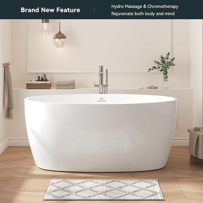 FerdY Tahiti 55 Inch Acrylic Freestanding Whirlpool Bathtub, Oval with 8 Air Water SPA Jets, Morden White Stand Alone Jetted Tub, Luxury Acrylic Free Stand Deep Soaking Bath Tub with LED Light