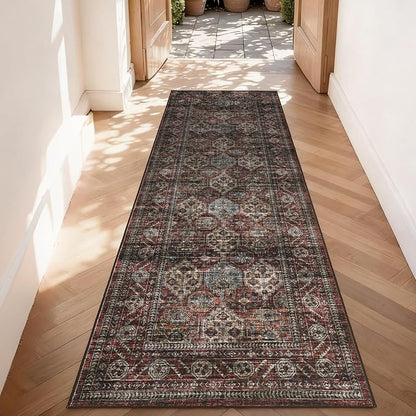 Washable Floral 2x6 Kitchen Rugs, Vintage Distressed Print Non Slip Hallway Runner, Retro Accent Ultra Thin Low Pile Throw Carpet for Entryway Bedroom Laundry Bathroom, Vintage Red