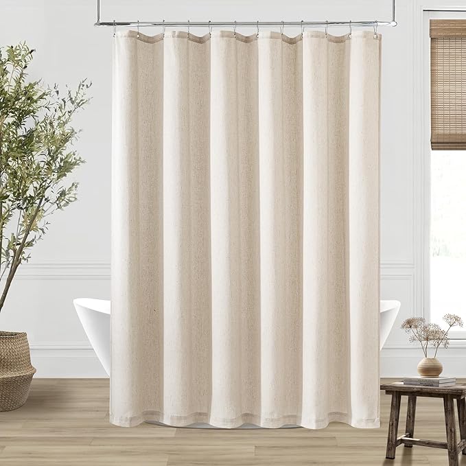 Beige Linen Shower Curtain for Bathroom Water Repellent 72x90 Inch | Extra Long Tall, Shower Curtains 90 Inches Long, Cloth Bath Drapes, Boho Vintage Country Rustic Neutral, Curtain, Warm Tan