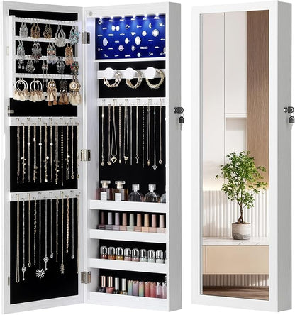 Nicetree 6 LEDs Jewelry Armoire, Hanging Mirror Jewelry Cabinet, White | Over the Door Jewelry Organizer, Lockable Mirror with Jewelry Storage, Auto-on Light, Gift Idea, Easy Assembly