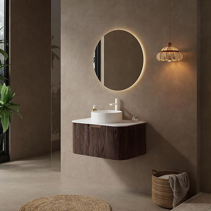 Yayzy 36" Floating Bathroom Vanity with Sink, Solid Wood Fluted Cabinet, White Round Ceramic Basin & Faux Marble Top, Soft-Close Drawer, Pre-Assembled, Walnut Woodgrain