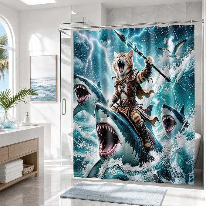 Funny Cat Shower Curtain, Fun Cartoon Shark Riding Bath Curtain | 72x72 Inches, Waterproof Polyester Fabric, Ocean Themed Bathroom Decor for Teens, Includes 12 Hooks, Grey Blue Design