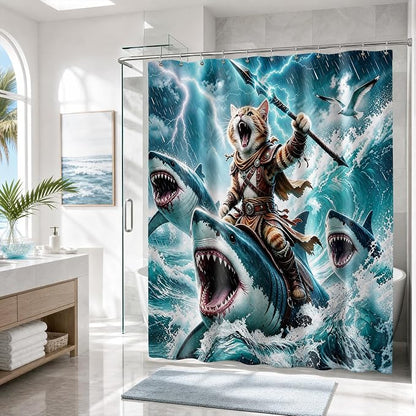 Funny Cat Shower Curtain, Fun Cartoon Shark Riding Bath Curtain | 72x72 Inches, Waterproof Polyester Fabric, Ocean Themed Bathroom Decor for Teens, Includes 12 Hooks, Grey Blue Design