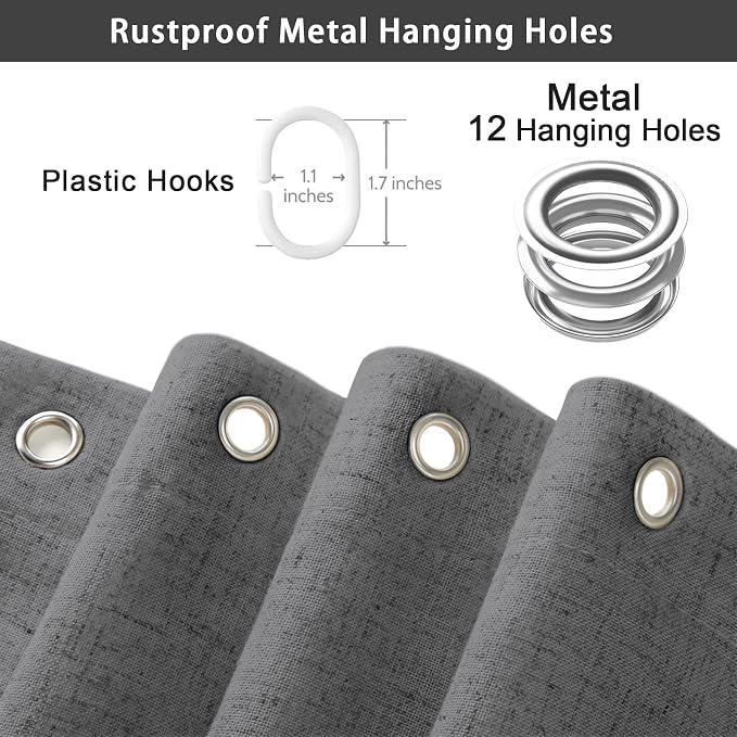 Scalloped Shower Curtain Linen Boho Flax Dark Gray 72" W x 72" L | Linen Fabric, Black Border, Washable, Heavy Duty Cloth, Shower Curtain for Boho Farmhouse Bathroom Bathtub