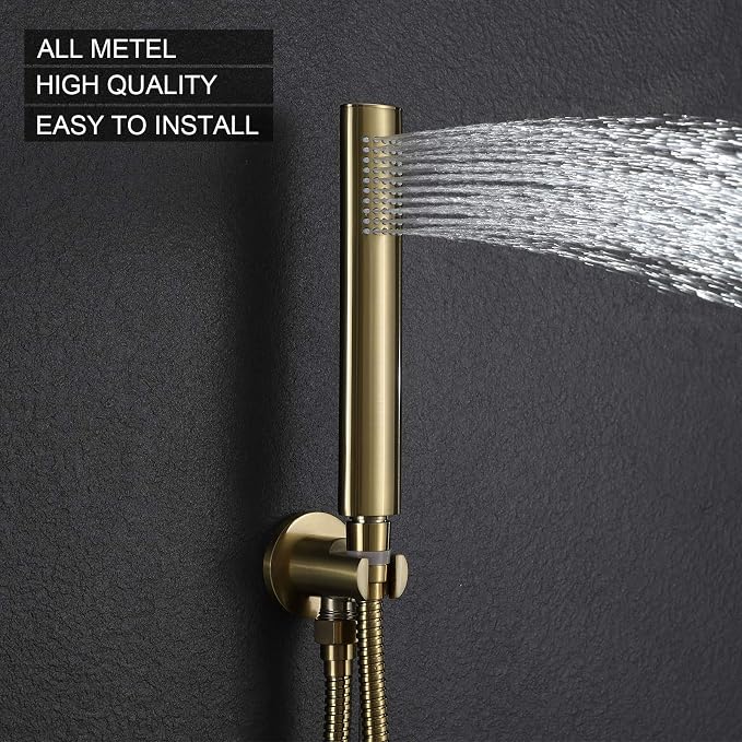 TIPOK Brushed Gold Shower Fixture with 10 Inch Round Shower Head and Handheld Bathroom Golden Rain Shower Faucet Set Contain Brass Rough-in Valve and Trim Kit, Ceiling Mount Gold Shower System