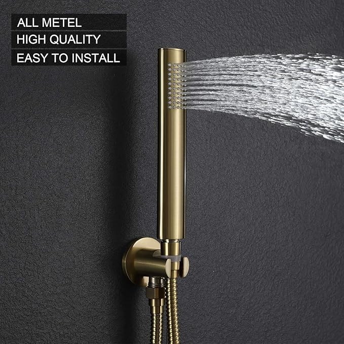 Ceiling Brushed Gold Shower System, Shower Faucet Set Has 12 Inch Round Gold Rain Shower Head With Handheld and Valve, TIPOK Brush Gold Rainfall Shower Head System for Bathroom