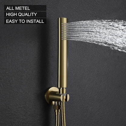 Ceiling Brushed Gold Shower System, Shower Faucet Set Has 12 Inch Round Gold Rain Shower Head With Handheld and Valve, TIPOK Brush Gold Rainfall Shower Head System for Bathroom