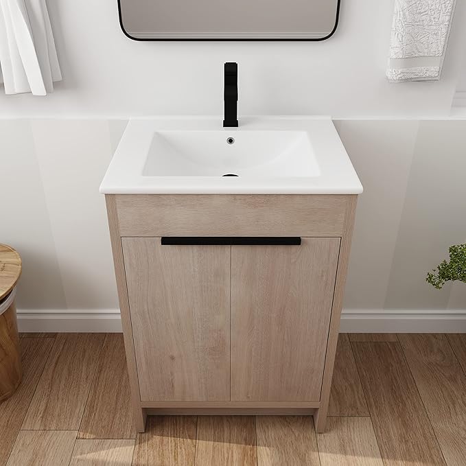 SSLine 24-Inch Bathroom Vanity with Sink Mid-Century Bathroom Vanities with Top Basin Floor Wood Bathroom Sink Cabinet with Soft-Close Doors & Adjustable Storage Shelves (Light Oak)