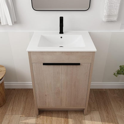 SSLine 24-Inch Bathroom Vanity with Sink Mid-Century Bathroom Vanities with Top Basin Floor Wood Bathroom Sink Cabinet with Soft-Close Doors & Adjustable Storage Shelves (Light Oak)