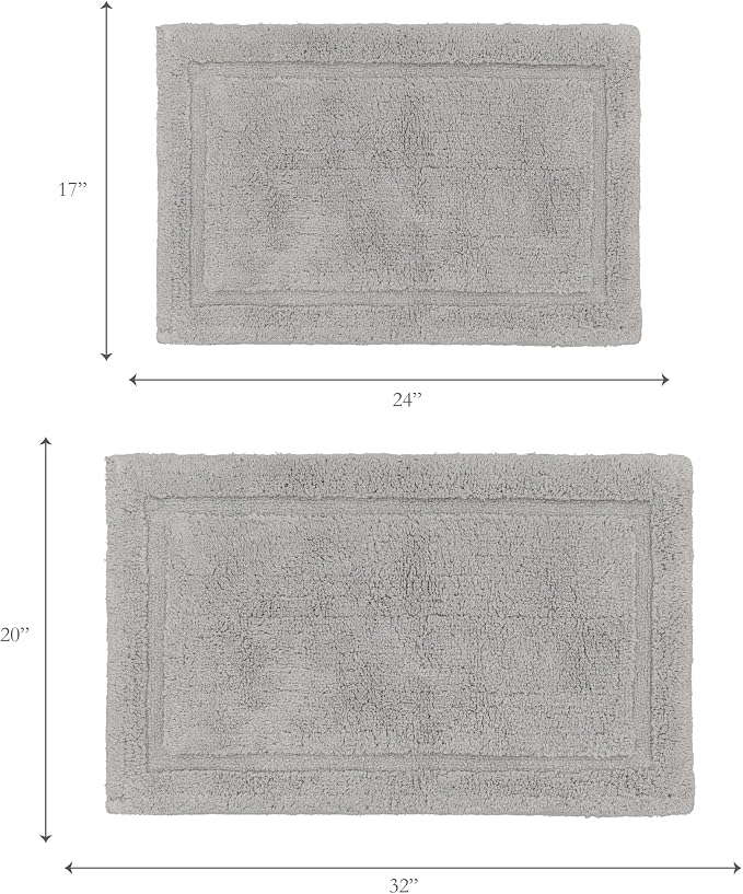 Jean Pierre New York Lydia Border 100% Cotton Bath Mat 2-Piece Set - Non-Slip Bath Rug - Grey - 17"x24" & 20" x 32"
