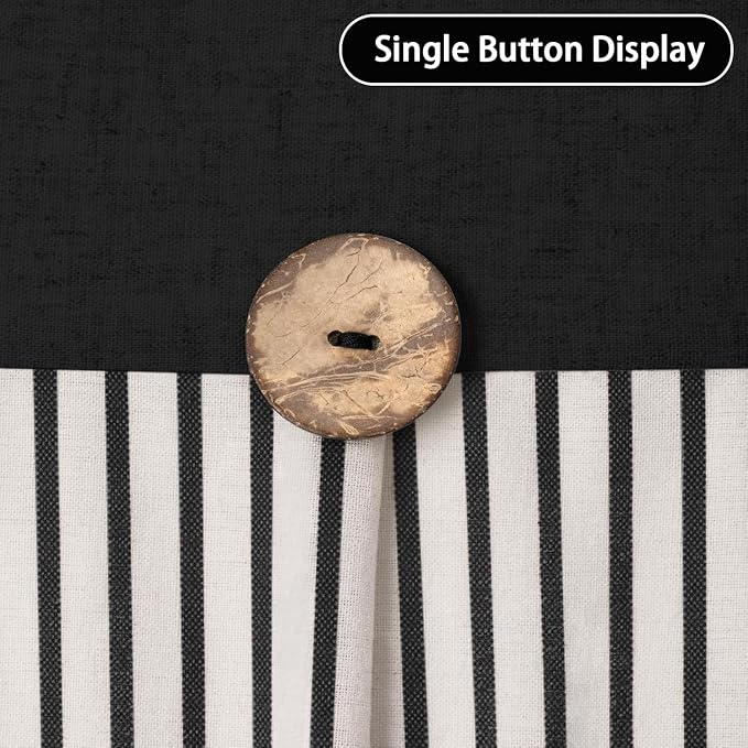 Farmhouse Shower Curtain Button Black-Black Stripe 72" W x 72" L | Farmhouse Style, Chic Button, Striped, Linen Fabric, Rustic, Country, Natural Look, Washable, for Bathroom Bathtub