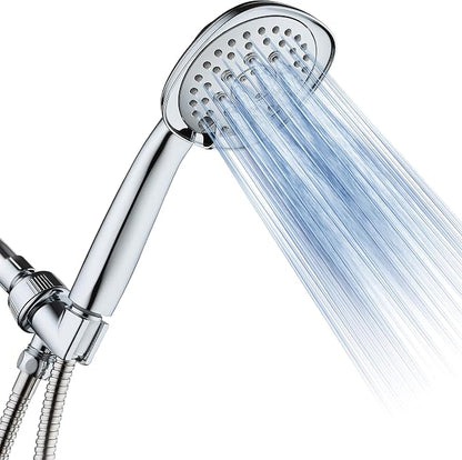Luxury Square 6-setting High-Pressure Hand Shower. Extra-Long 72" Stainless Steel Hose, Bracket, Solid Brass Fittings, All-Chrome Finish. Premium Handheld Shower Head from Top American Manufacturer!