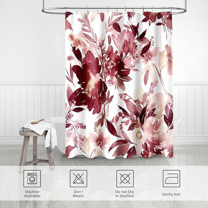 Burgundy Red Floral 60x72 Watercolor Flower Shower Curtain for Bathroom | Modern Abstract Ink Decorative Fabric Shower Curtain Set with Hooks