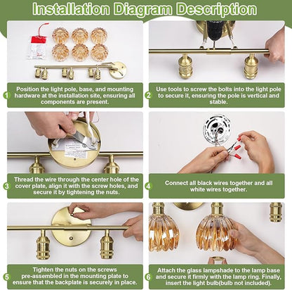 Vintage Bathroom Light Fixtures,6-Light Hardwired Vanity Lights with Green Tulip Glass Shade,Gold Bathroom Vanity Light for Mirror Restroom,E26 Socket,40.55 in(Bulbs Not Included)