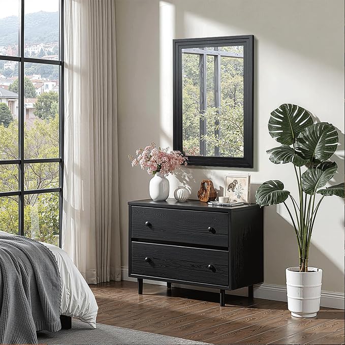 Farmhouse Rustic Wood Framed Bathroom Vanity Mirror for Wall, 24x36, Black | Recessed Stepped Solid Wood Frame, HD Shatterproof Glass, Vertical/Horizontal Mount, for Bathroom Sink, Living Room, Entryway