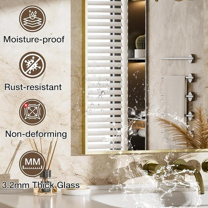 MZON 20" x 30" Brushed Gold Bathroom Vanity Mirror, Mirror for Over Sink | Aluminum Alloy Frame, Clear Reflection, Rust-Resistant, Vertical or Horizontal, Wall Mount, Bedroom and Entryway