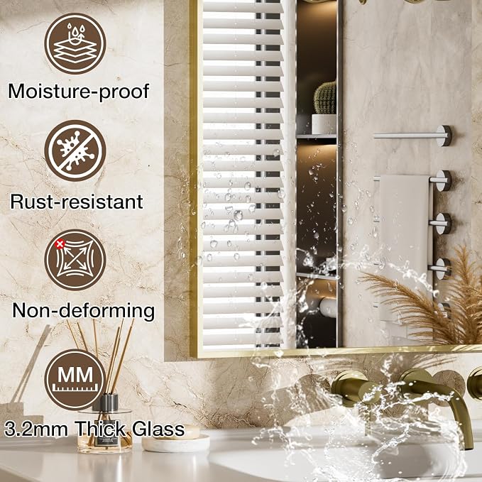 MZON 16" x 20" Brushed Gold Bathroom Vanity Mirror, Mirror for Over Sink | Aluminum Alloy Frame, Clear Reflection, Rust-Resistant, Vertical or Horizontal, Wall Mount, Bedroom and Entryway