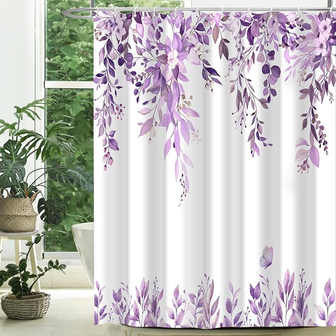 Purple Floral Eucalyptus Shower Curtain with Hooks, 72x78 Inch | Waterproof Fabric, Watercolor Leaves and Floral, Botanical Style, Machine Washable, Quick-Drying, for Hotel Bathroom