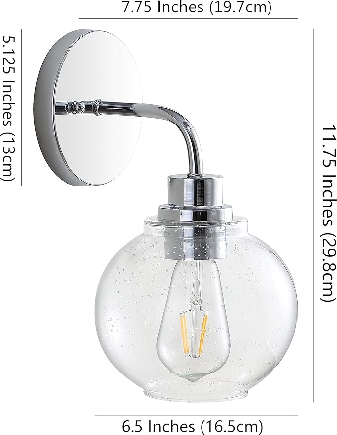 JONATHAN Y 6.5" Chrome 1-Light Farmhouse LED Vanity Light Wall Sconce for Bathroom, Clear Seeded Glass Shade, Industrial Iron Indoor Fixture, LED Bulb Included (JYL7526B)