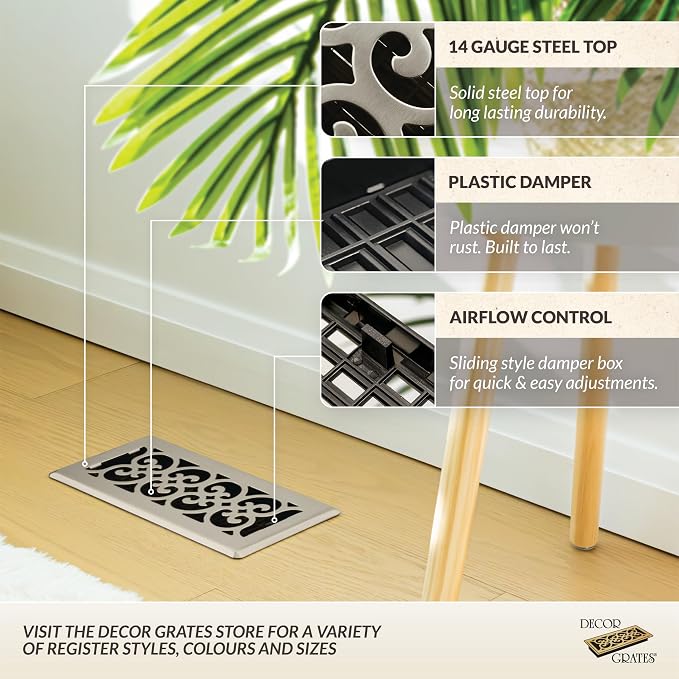 Decor Grates SPH410-NKL Scroll Floor Register, 4x10, Brushed Nickel Finish