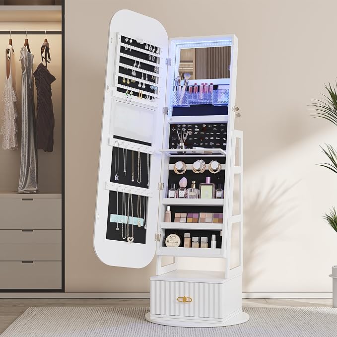 Jewelry Cabinet with RGB Mirror and Foldable Makeup Shelf - White | SKKTKT Standing Jewelry Armoire - Rotating Storage, RGB Mirror and Foldable Makeup Shelf