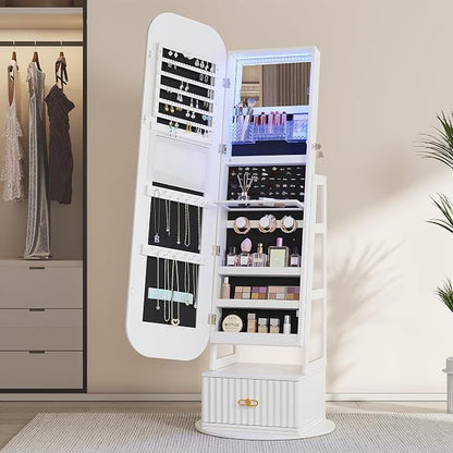 Jewelry Cabinet with RGB Mirror and Foldable Makeup Shelf - White | SKKTKT Standing Jewelry Armoire - Rotating Storage, RGB Mirror and Foldable Makeup Shelf