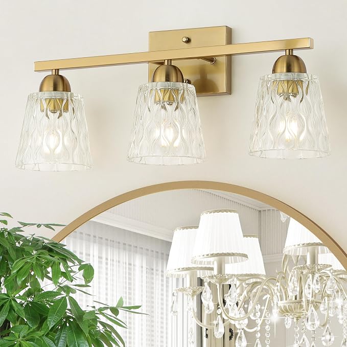 Mecgirn Stainless Steel Bathroom Vanity Light Over Mirror, 3 Light Brushed Gold Bathroom Light Fixtures with Textured Glass Shades, Modern Vanity Lighting Wall Mount