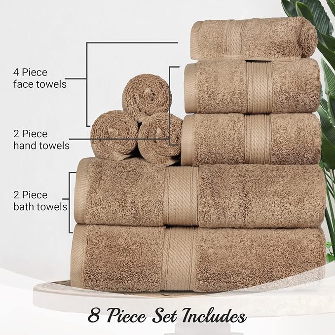 Superior Egyptian Cotton Ultra Plush & Absorbent, 8 Piece Set, Latte | Quick Dry, Soft Luxury Towel Set, Bath Essentials, Guest Bath, Spa, 2 Bath, 2 Hand, 4 Face Towels, Madeline Towels