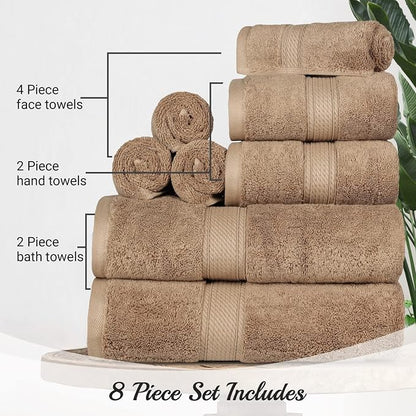 Superior Egyptian Cotton Ultra Plush & Absorbent, 8 Piece Set, Latte | Quick Dry, Soft Luxury Towel Set, Bath Essentials, Guest Bath, Spa, 2 Bath, 2 Hand, 4 Face Towels, Madeline Towels