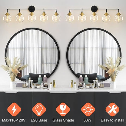 Bathroom Vanity Light with Clear Glass Shade, E26 Base, Vanity Lighting Fixtures Over Mirror, 39 Inch Vanity Lights for Bathroom (Exclude E26 Bulb) (Black and Gold, 5-Lights)