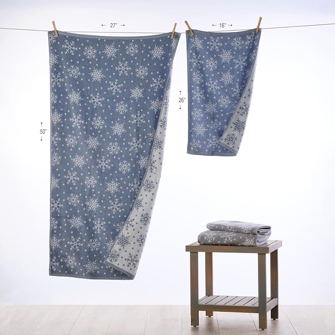 SKL Home Christmas/Winter Scattered Snowflakes Bath Towel, Blue | 100% Cotton. 500 GSM weight. Soft & absorbent. Reversible jacquard pattern. Great for holiday gifting.