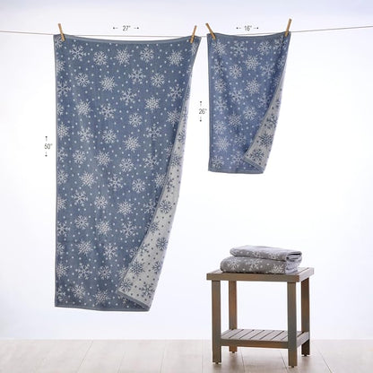 SKL Home Christmas/Winter Scattered Snowflakes Bath Towel, Blue | 100% Cotton. 500 GSM weight. Soft & absorbent. Reversible jacquard pattern. Great for holiday gifting.