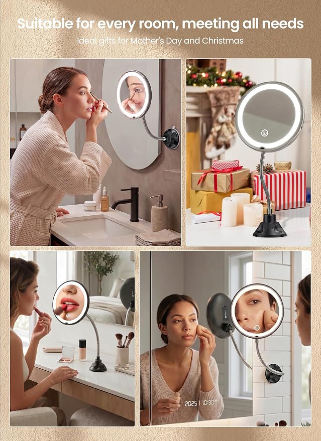 10x Makeup Mirror with Lights, Flexible Magnifying Mirror 3 Light Modes | Wall-Mounted Lighted Vanity Makeup Mirror, Cordless Battery Operated LED Mirror with Suction Cups for Shower Bathroom