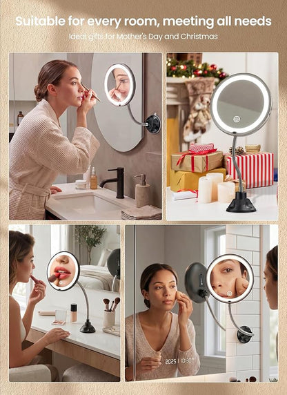 10x Makeup Mirror with Lights, Flexible Magnifying Mirror 3 Light Modes | Wall-Mounted Lighted Vanity Makeup Mirror, Cordless Battery Operated LED Mirror with Suction Cups for Shower Bathroom