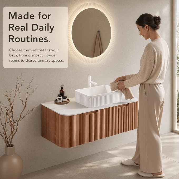 48 Inch Bathroom Vanity with Sink, Floating Wall Mounted Single Sink Vanity, Natural Woodgrain Curved Fluted Front, Stone Top, White Textured Rectangular Vessel Basin, Pre-Assembled