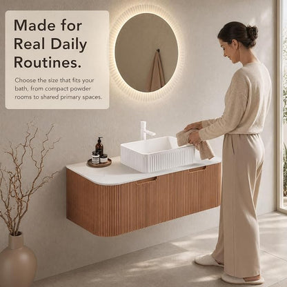 48 Inch Bathroom Vanity with Sink, Floating Wall Mounted Single Sink Vanity, Natural Woodgrain Curved Fluted Front, Stone Top, White Textured Rectangular Vessel Basin, Pre-Assembled