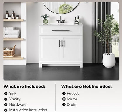 LIKIMIO 36" Bathroom Vanity with Sink, 1 U-Shaped Drawer & 2 Doors, White | Freestanding Bathroom Vanity, Integrated Ceramic Sink, Soft-Close Doors & Drawer, Modern Bathroom Storage Cabinet