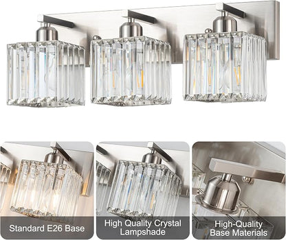 Modern Bathroom Vanity Light 3-Lights,Crystal Light Fixtures,Chrome | Crystal Light Fixtures Over Mirror,Chrome Bathroom Vanity Lighting Crystal Wall Sconce,Warm Light