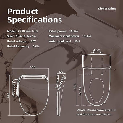 BRAVAT® Electronic Smart Bidet Toilet Seat – Heated Seat, Instant Warm Water, Stainless Steel Nozzle, Hygienic Rinse, Warm Air Dryer, Night Light, Easy Install – Elongated, White