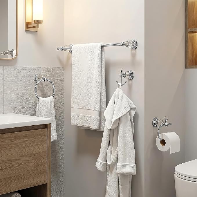 Chrome Crystal Bathroom Hardware Adjustable 24 Inch Towel Bar Set Toilet Paper Holder Towel Ring Coat Hooks Bathroom Accessories 4 Pieces Wall Mounted