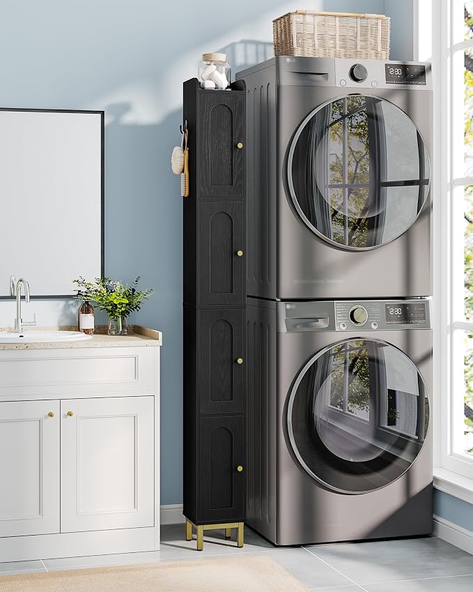 Hzuaneri 4-Tier Narrow Tall Storage Cabinet | Slim Bathroom Storage Cabinet with 4 Adjustable Feet and Shelves, for Living Room, Laundry Room, Black, 7.9"Dx7.9"Wx70.9"H