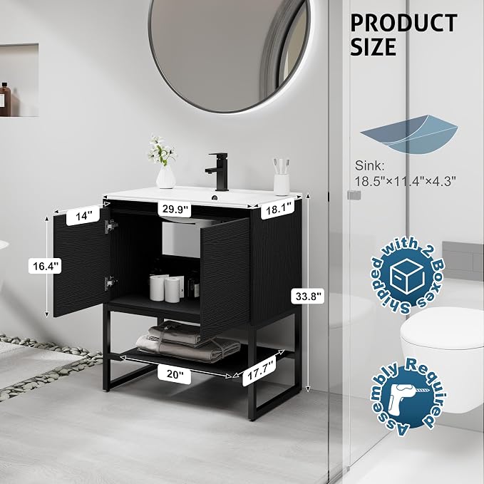 LUCKWIND 30" Modern Bathroom Vanity with Single White Sink Combo, Freestanding Storage Cabinet with Metal Frame, Matte Black Faucet and Open Shelf and 2 Soft-Closing Door, Black