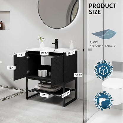 LUCKWIND 30" Modern Bathroom Vanity with Single White Sink Combo, Freestanding Storage Cabinet with Metal Frame, Matte Black Faucet and Open Shelf and 2 Soft-Closing Door, Black