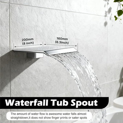Midanya Shower System with Tub Spout,10 Inch Shower Head,Polish Chrome | with Valve & Trim Kit,Square Rain Head,Handheld Sprayer,Waterfall Spout,All Metal Wall Mount Bathroom Shower Tub Faucet Set