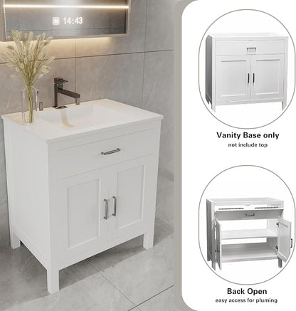 30" White Bathroom Vanity Base Only – Freestanding Solid Wood Sink Cabinet with Tip-Out Drawer, Shaker Style Bath Vanity Cabinet, No Top, 30" W x 21" D x 34.5" H