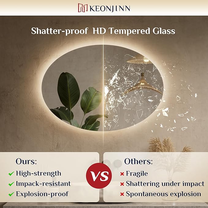 Keonjinn 22 x 30 Inch Oval LED Mirror, Frameless Backlit mirror bathroom with HD Tempered Glass, UL-Listed LED Driver, Anti-Fog, Dimmable, Memory Function, French Cleat Installation, Plug in/Hardwired