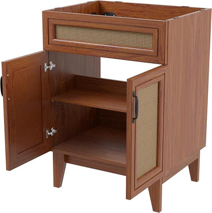 JONATHAN Y Javer Bohemian Rattan Freestanding Bath Vanity, 24", Walnut | 18" Deep, 33" High, 2 Soft-Close Doors, Caned Paneling, 2-Shelf Storage, Basin Not Included, Modern Farmhouse Style