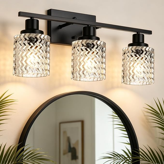 MELUCEE 3 Lights Modern Bathroom Light Fixtures Black Vanity Lights | Indoor Wall Mounted Light with Hammered Glass Shade Suitable for Bathroom Living Room Hallway
